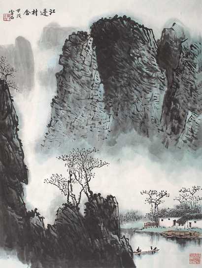 白雪石 江边村舍  立轴